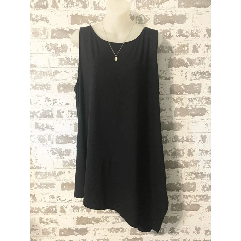 Eileen Fisher Black Asymmetrical Tunic Tank Top XL Minimalist Draped Hem
